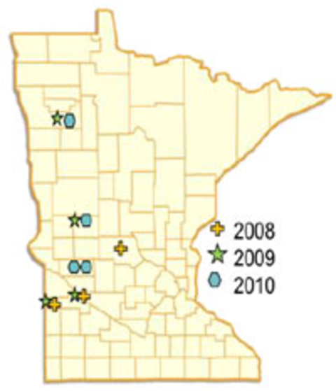 State map of Minnesota with counties outlined. Markers indicating where rolling was done in years 2008, 2009, 2010.