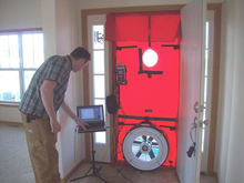 Blower door during home air testing.