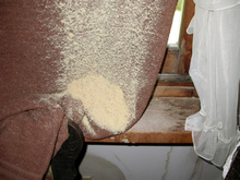 Curtain hanging from window, draped over chair arm, covered in sawdust