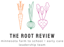 An illustration of a carrot, onion and beet with text stating: The Root Review: Minnesota farm to school + early care leadership team