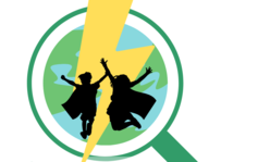 Silhouettes of children wearing capes in front of the earth. The entire scene is captured inside a magnifying glass. There is bottom text that says green superheros of science 