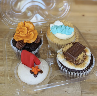 4 decorated cupcakes related to camping