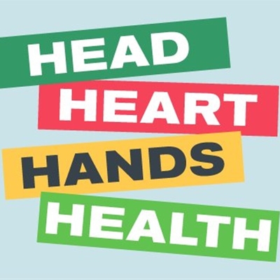 graphic showing the words head, heart, hands, health in all capital letters within ribbon banners