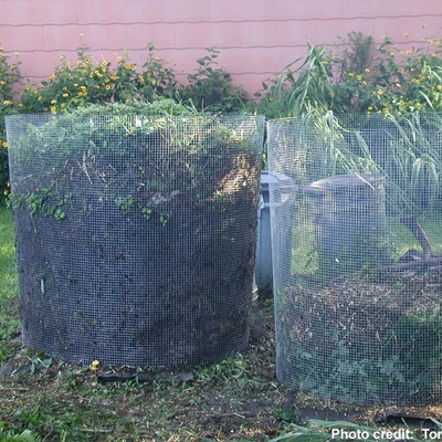 Two wire compost bins side by side filled with grass clippings and other organic matter.