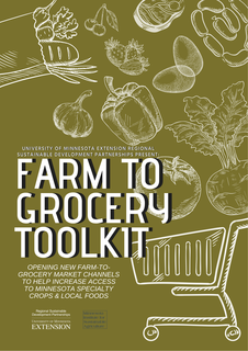 A drawing of a shopping cart and vegetables with the words "Farm to Grocery Toolkit".