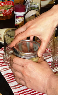 Putting band on a canning jar.