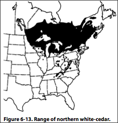 Map showing range of northern white cedar