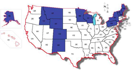 map of United States of America with states that have BRR reported identified by a different color.