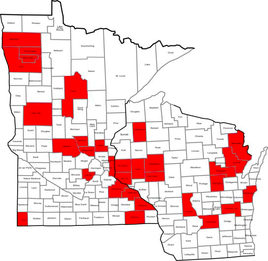 map of Minnesota and Wisconsin with counties that have reported BRR identified.