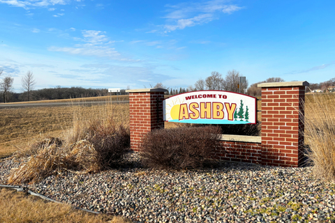 A welcome sign in Ashby, Minnesota
