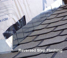Reversed step flashing on house roof.