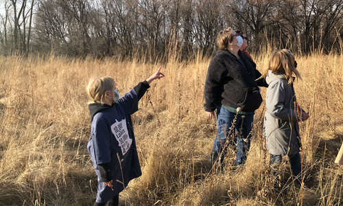 people looking for barn owls in a prairie