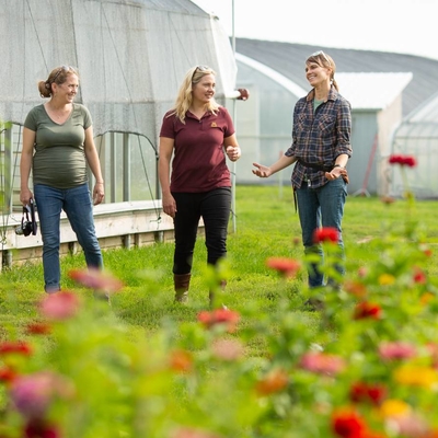 Three women talking in front of several greenhouse and a colorful crop of Zinnias in the foreground.