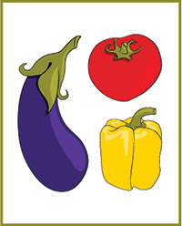 Diagram of three vegetables in the tomato family: eggplant, tomato and yellow pepper.